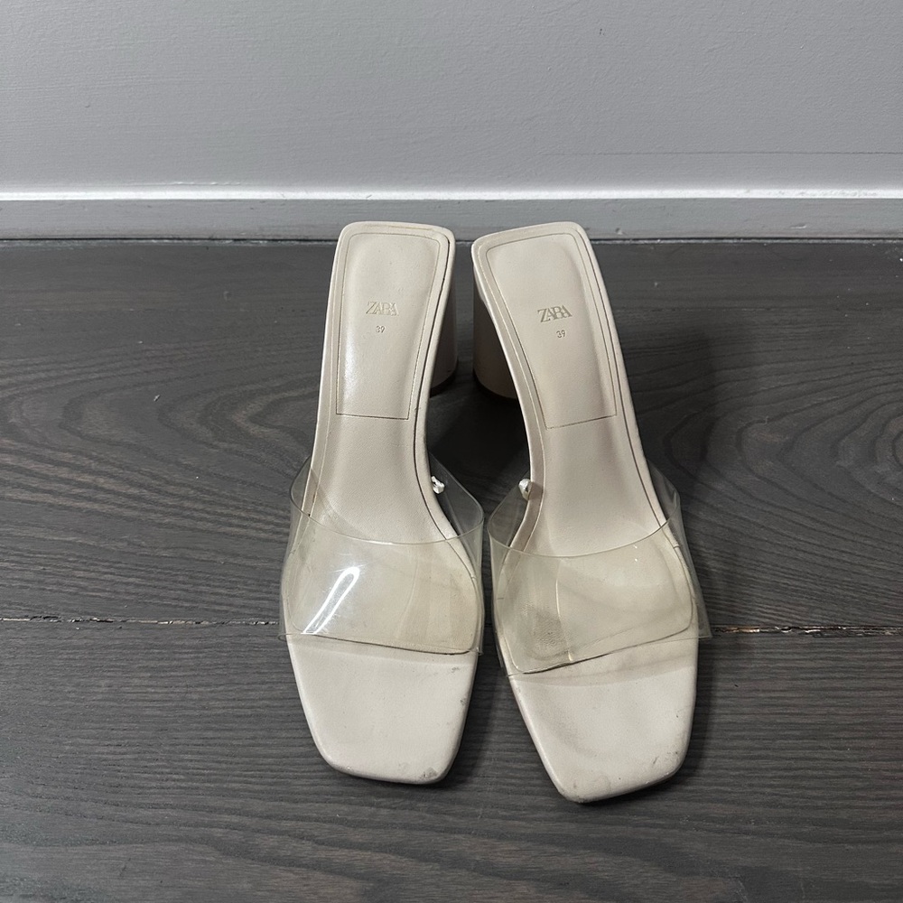Zara Cream Square-Toe Heeled Mules with Clear Strap